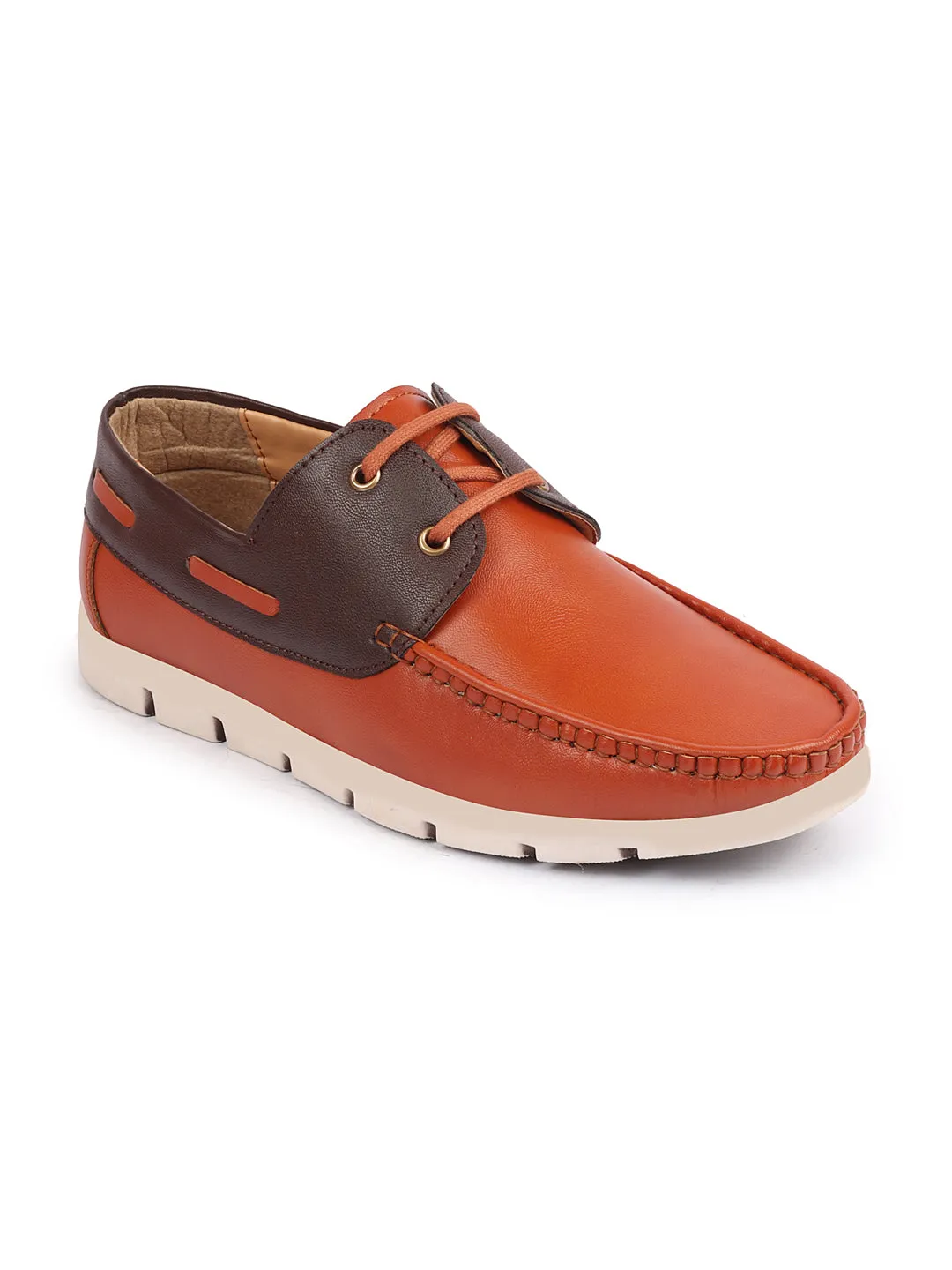 Men Tan Side Lace Stitched Design Lace Up Boat Shoes