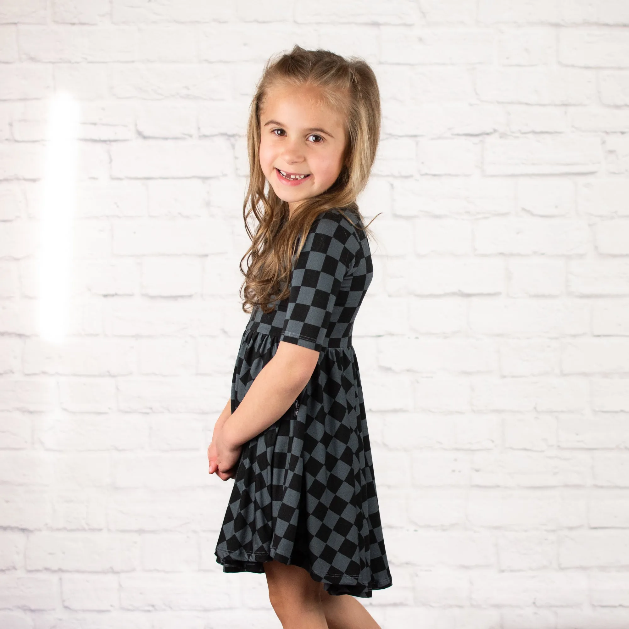 MID SLEEVE TWIRL DRESS- Grey Check