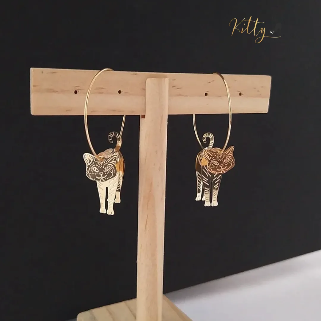 Moving Cat Hoop Earrings - Bronze-Gold Color