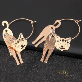 Moving Cat Hoop Earrings - Bronze-Gold Color