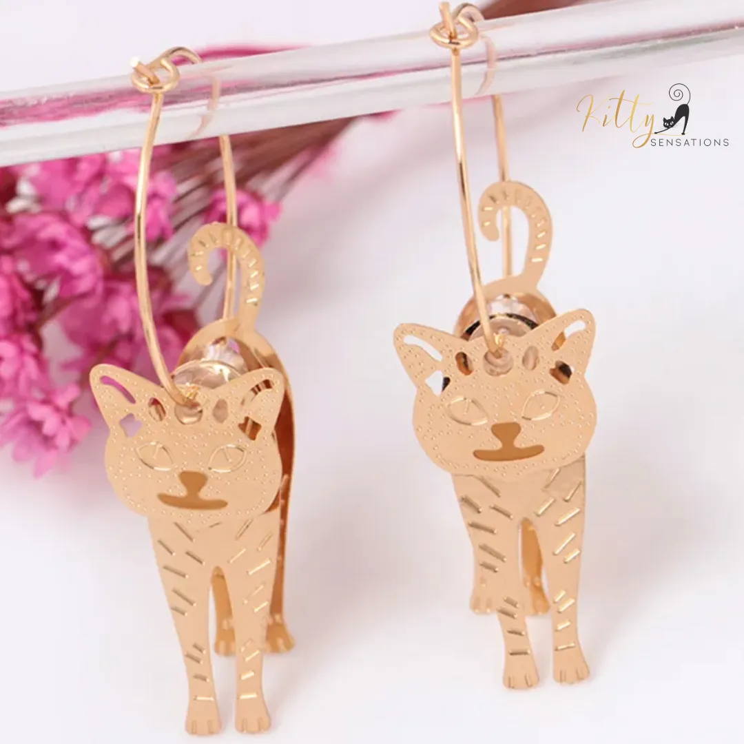 Moving Cat Hoop Earrings - Bronze-Gold Color