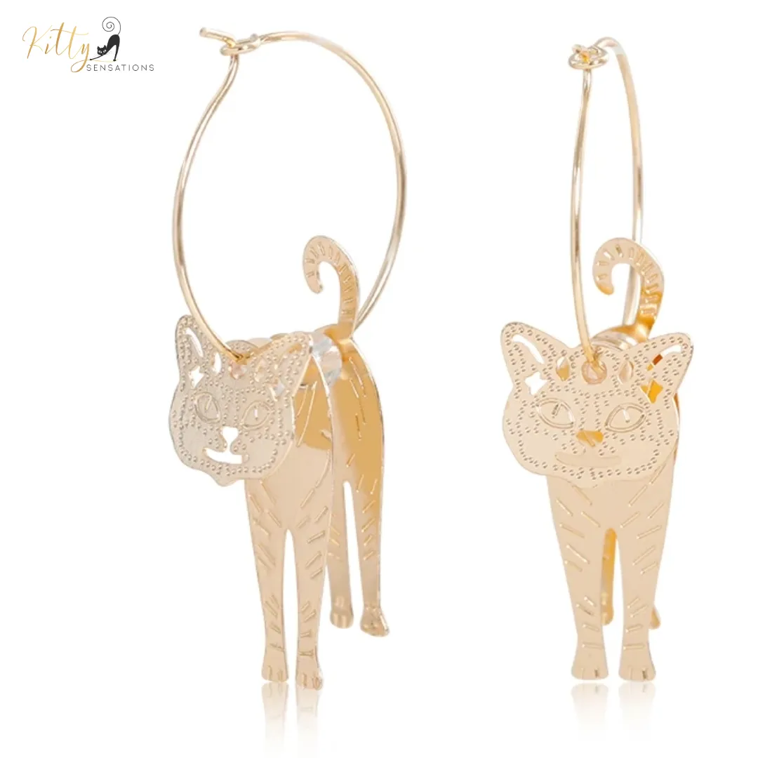 Moving Cat Hoop Earrings - Bronze-Gold Color