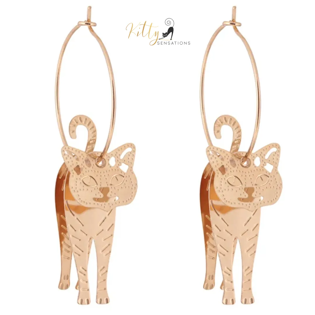 Moving Cat Hoop Earrings - Bronze-Gold Color