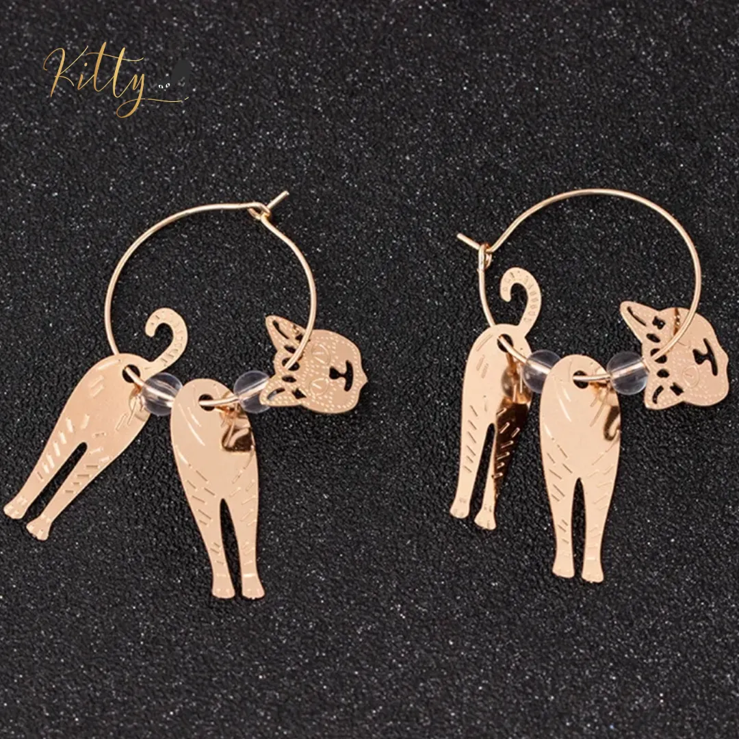 Moving Cat Hoop Earrings - Bronze-Gold Color