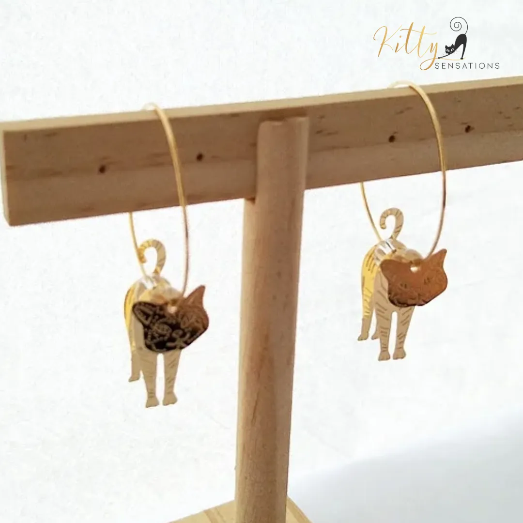 Moving Cat Hoop Earrings - Bronze-Gold Color