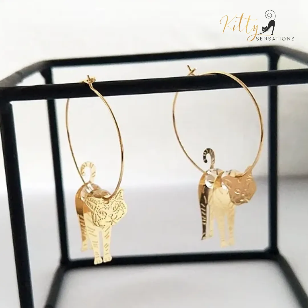 Moving Cat Hoop Earrings - Bronze-Gold Color