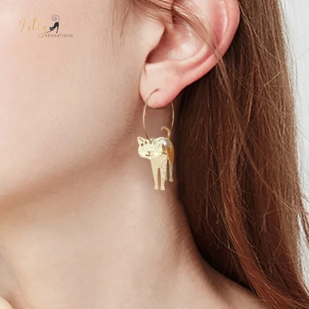 Moving Cat Hoop Earrings - Bronze-Gold Color