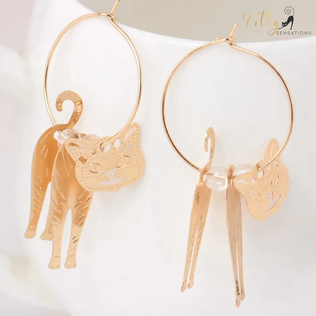 Moving Cat Hoop Earrings - Bronze-Gold Color