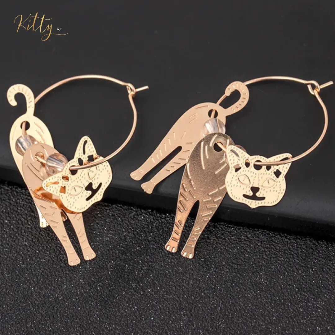 Moving Cat Hoop Earrings - Bronze-Gold Color