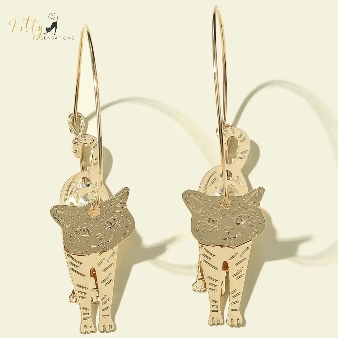 Moving Cat Hoop Earrings - Bronze-Gold Color