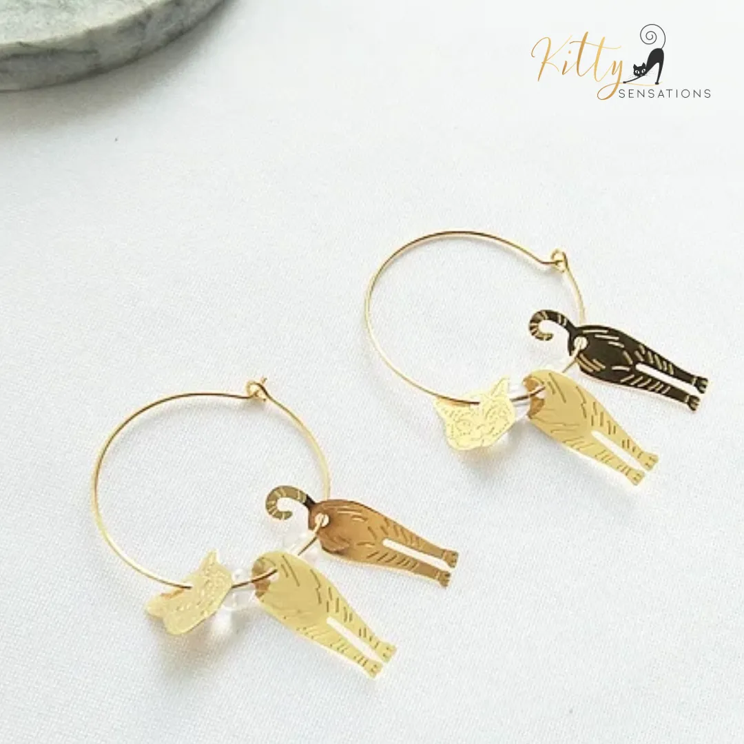 Moving Cat Hoop Earrings - Bronze-Gold Color