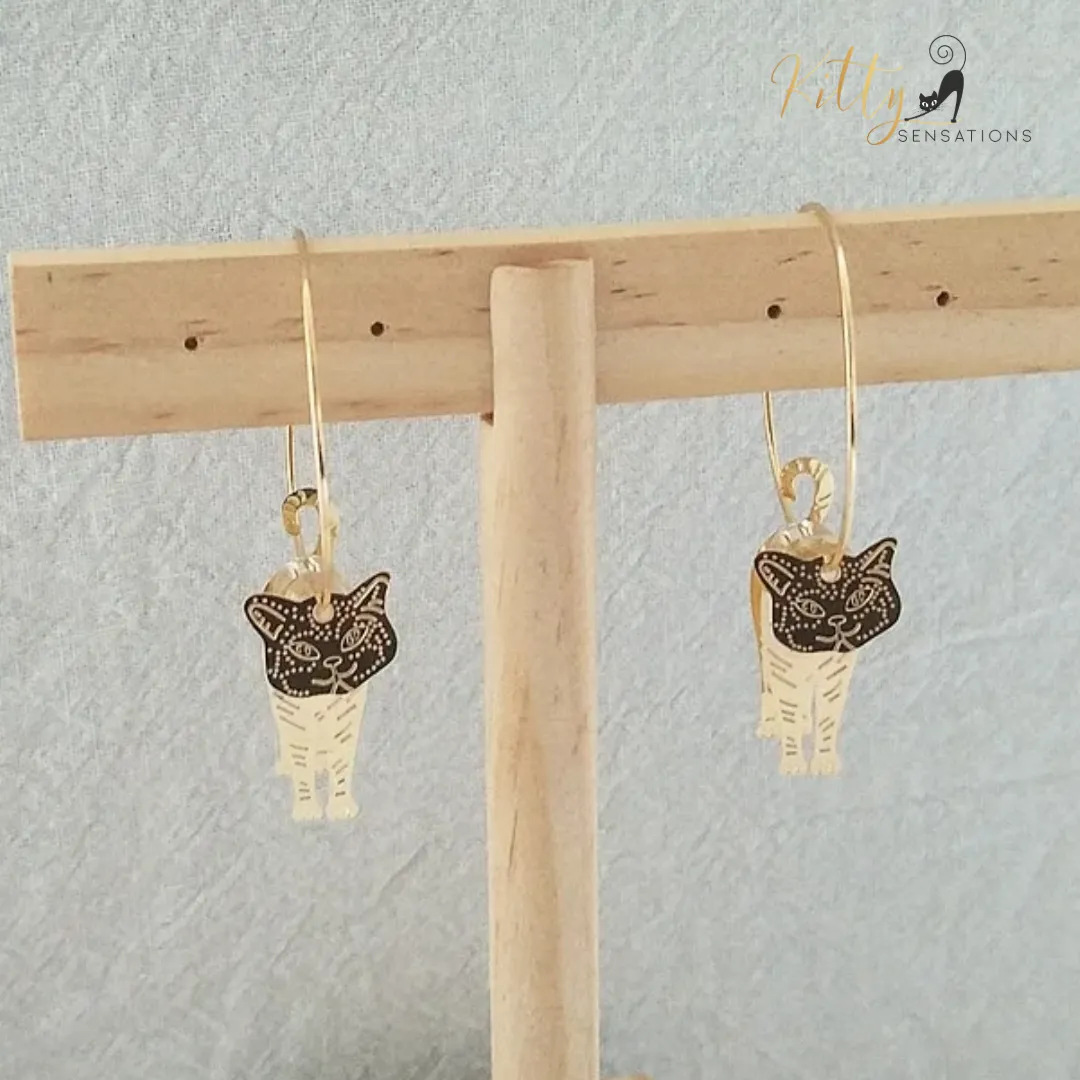 Moving Cat Hoop Earrings - Bronze-Gold Color