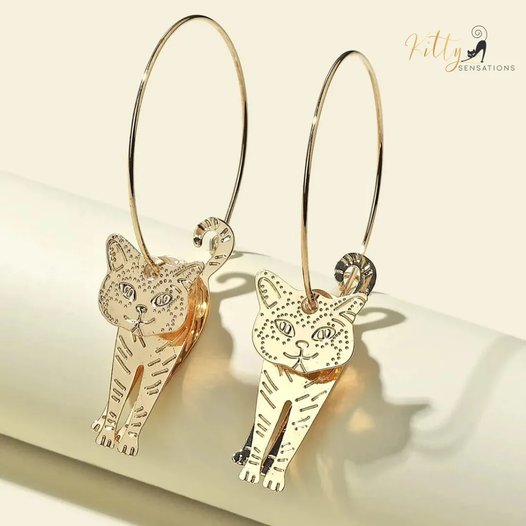 Moving Cat Hoop Earrings - Bronze-Gold Color