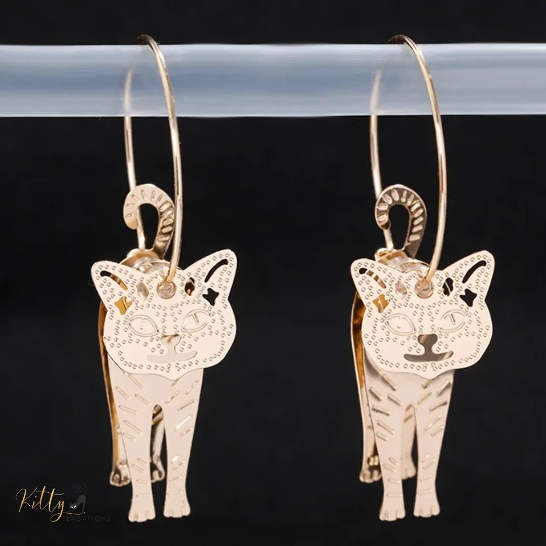 Moving Cat Hoop Earrings - Bronze-Gold Color