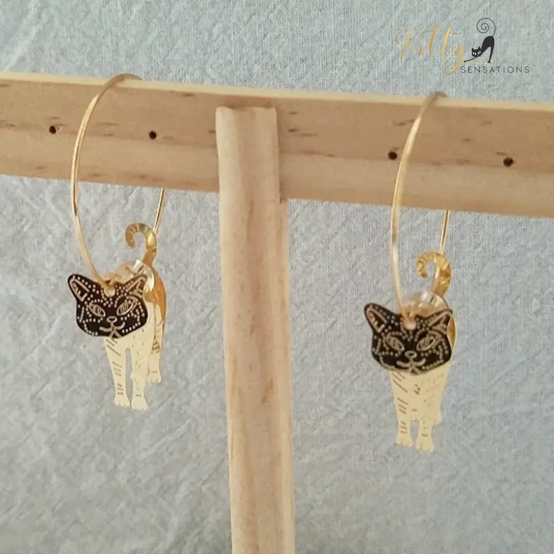 Moving Cat Hoop Earrings - Bronze-Gold Color