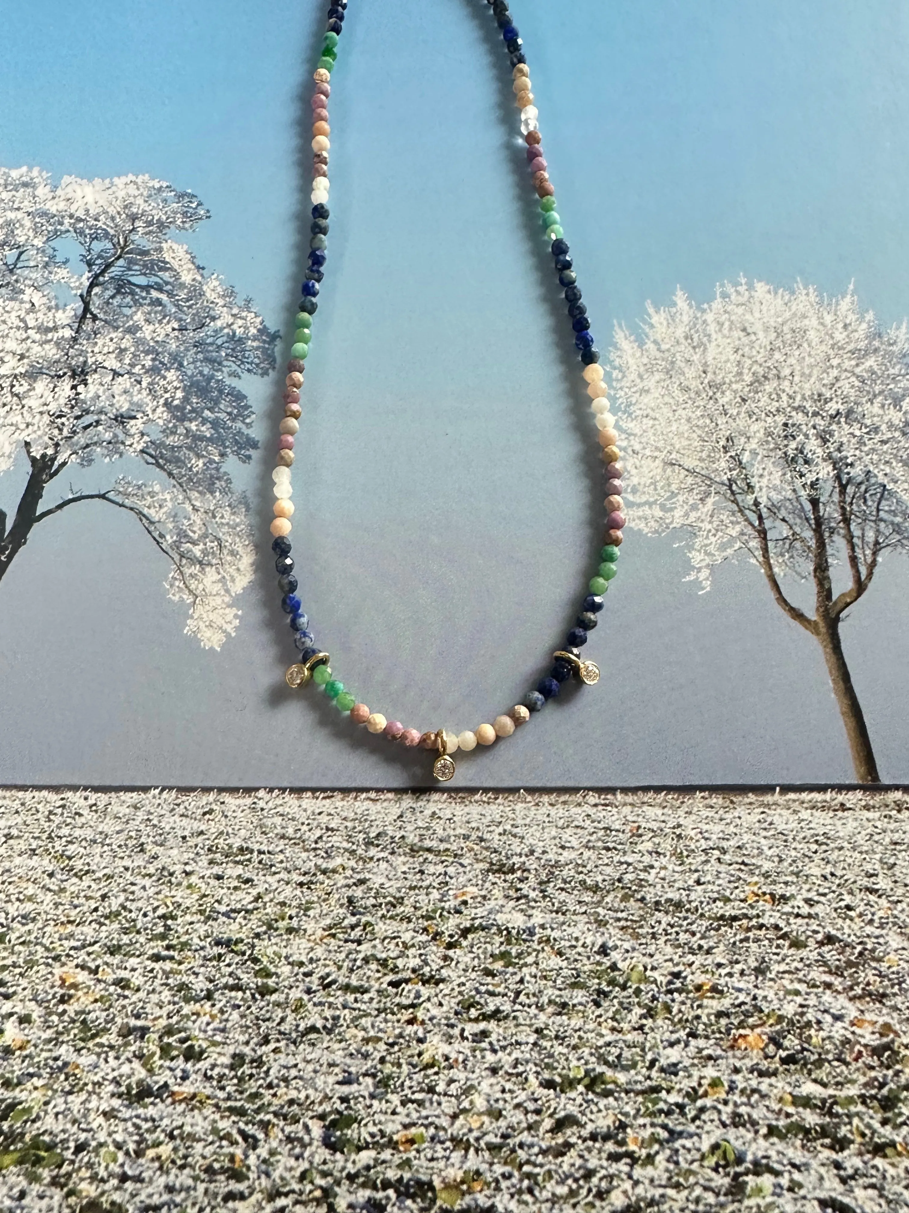 Multi Gemstones & Triple Diamond Drops Choker