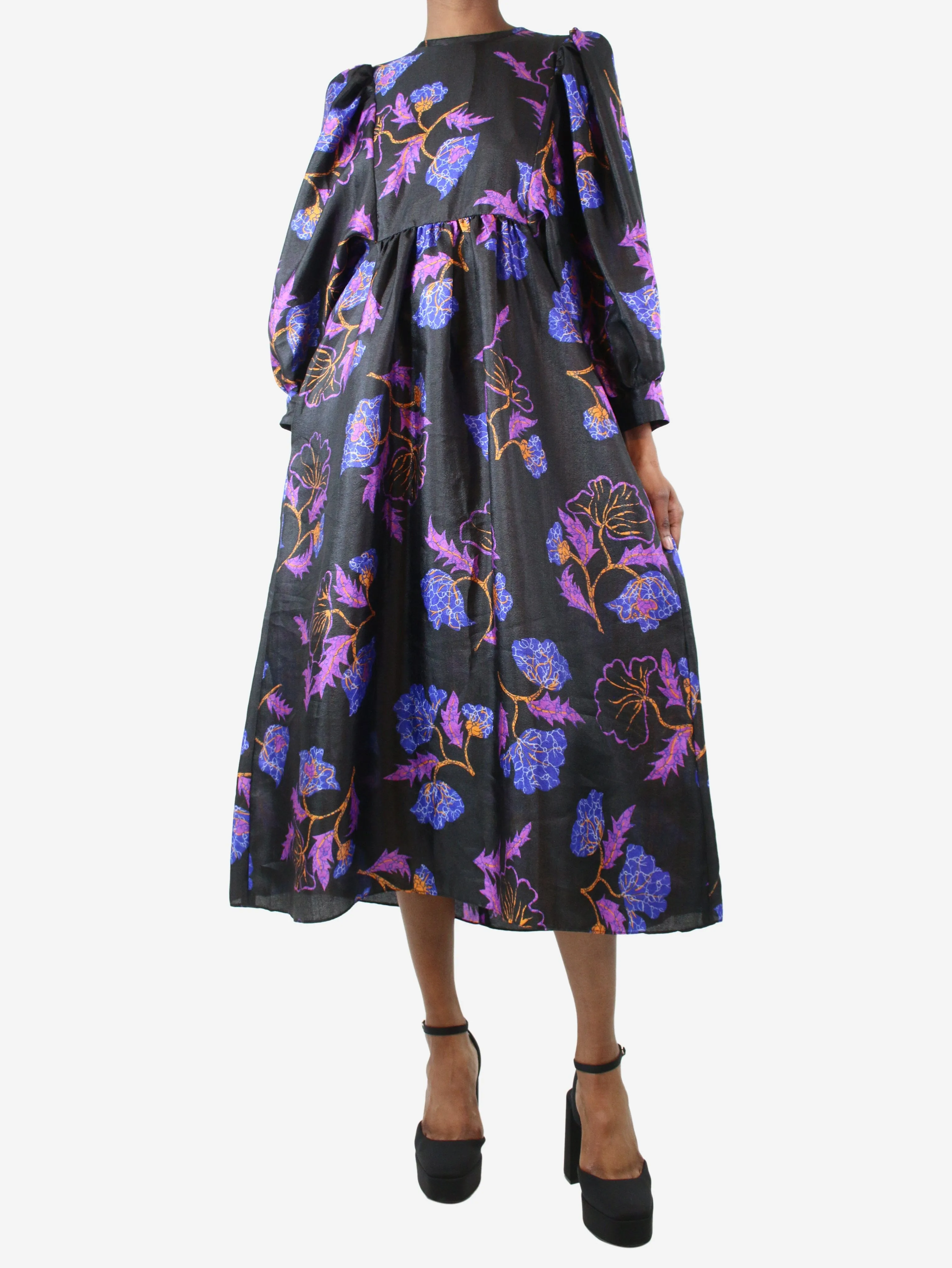 Multicoloured puff-sleeved floral midi dress - size UK 10