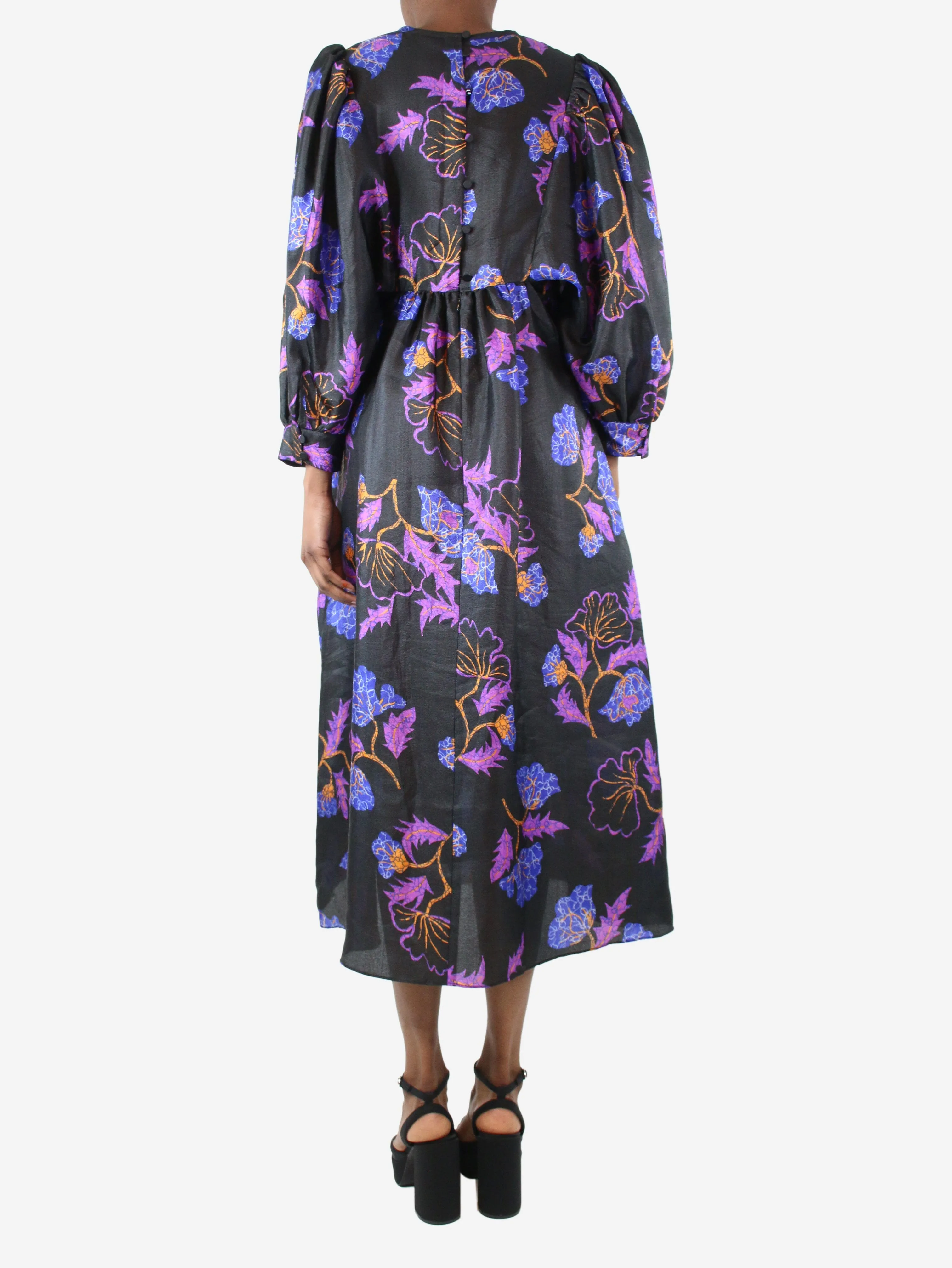 Multicoloured puff-sleeved floral midi dress - size UK 10