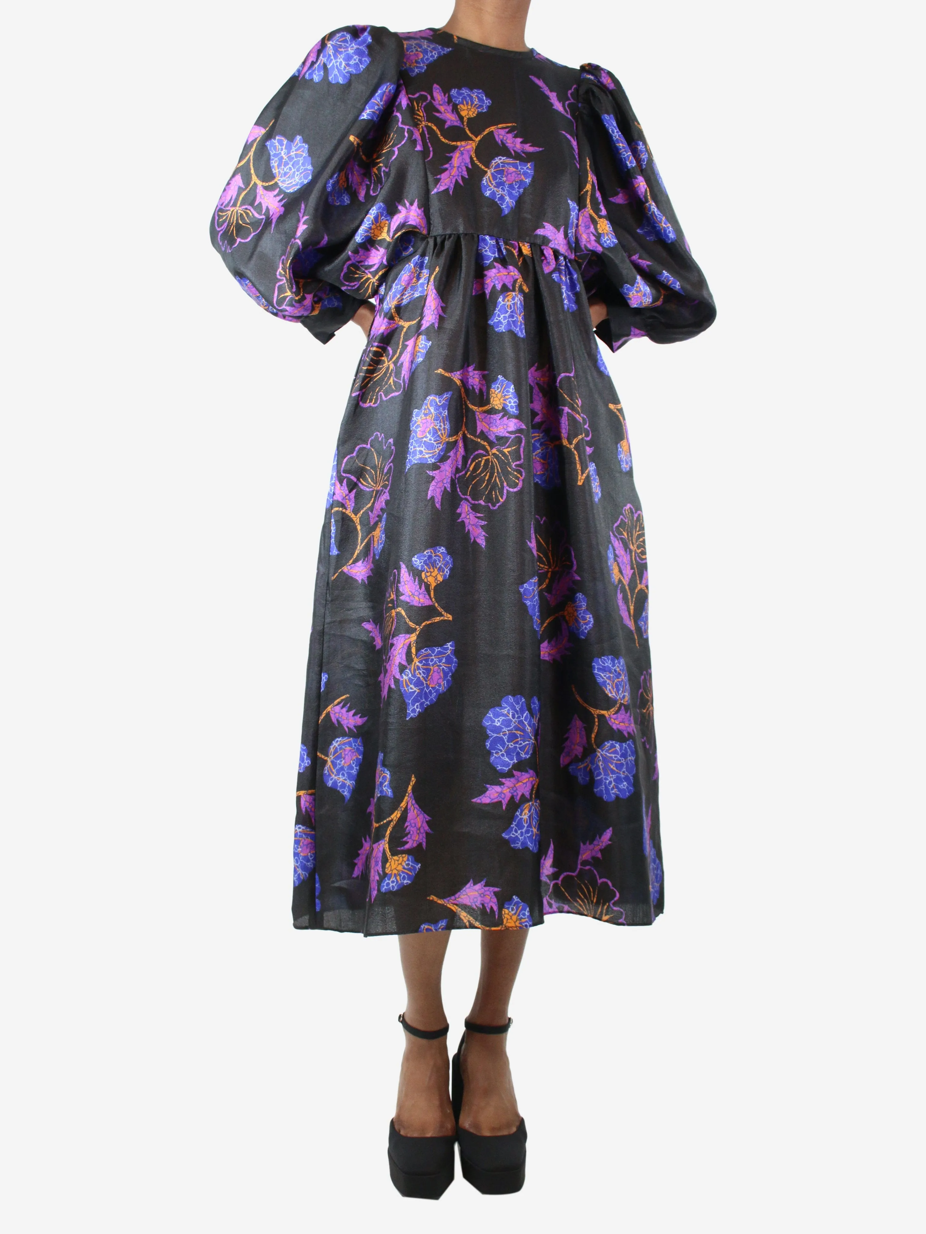 Multicoloured puff-sleeved floral midi dress - size UK 10