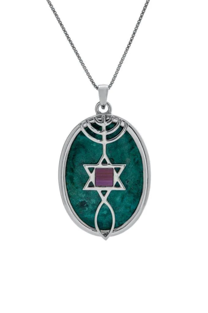 Nano Sim NT Silver Pendant - The Messianic symbol Studded with Eilat Stone (Front and Back)