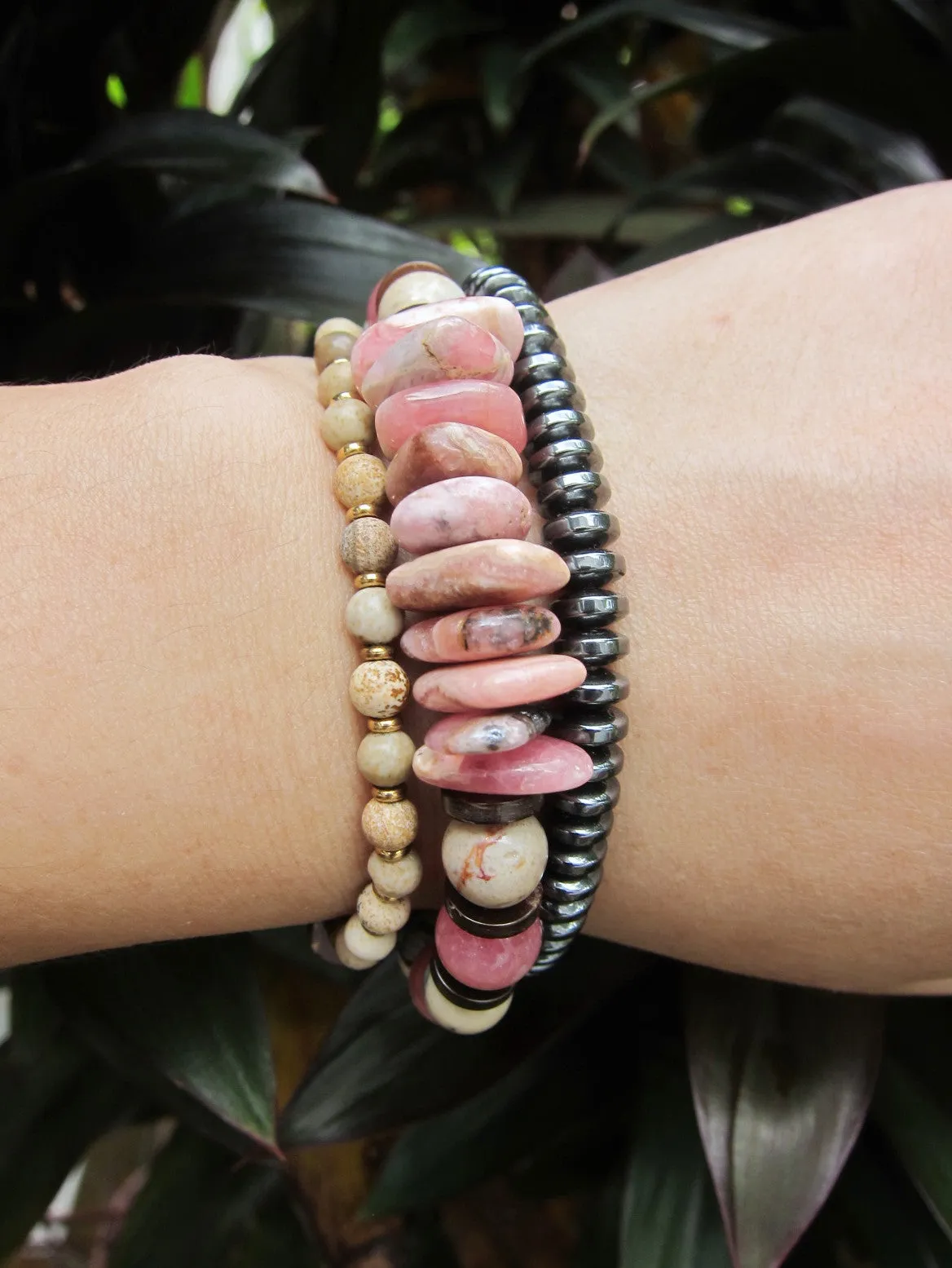 Natural Pink Rhodochrosite and African Opal Energy Wrist Mala Bracelet