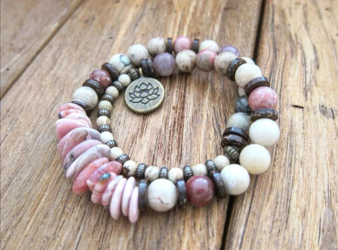 Natural Pink Rhodochrosite and African Opal Energy Wrist Mala Bracelet