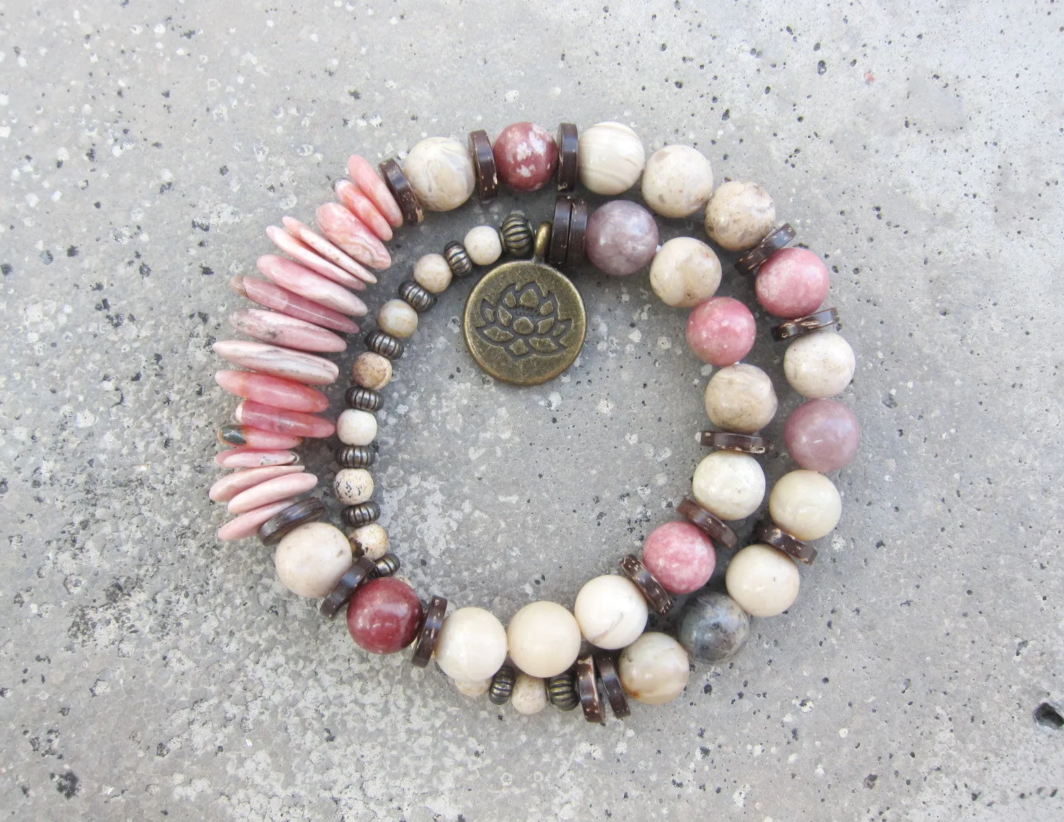 Natural Pink Rhodochrosite and African Opal Energy Wrist Mala Bracelet