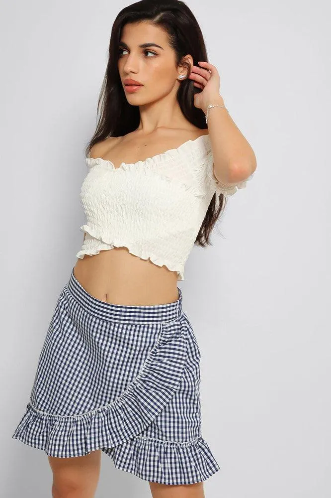 Navy White Check Print Ruffle Hem Wrap Skirt