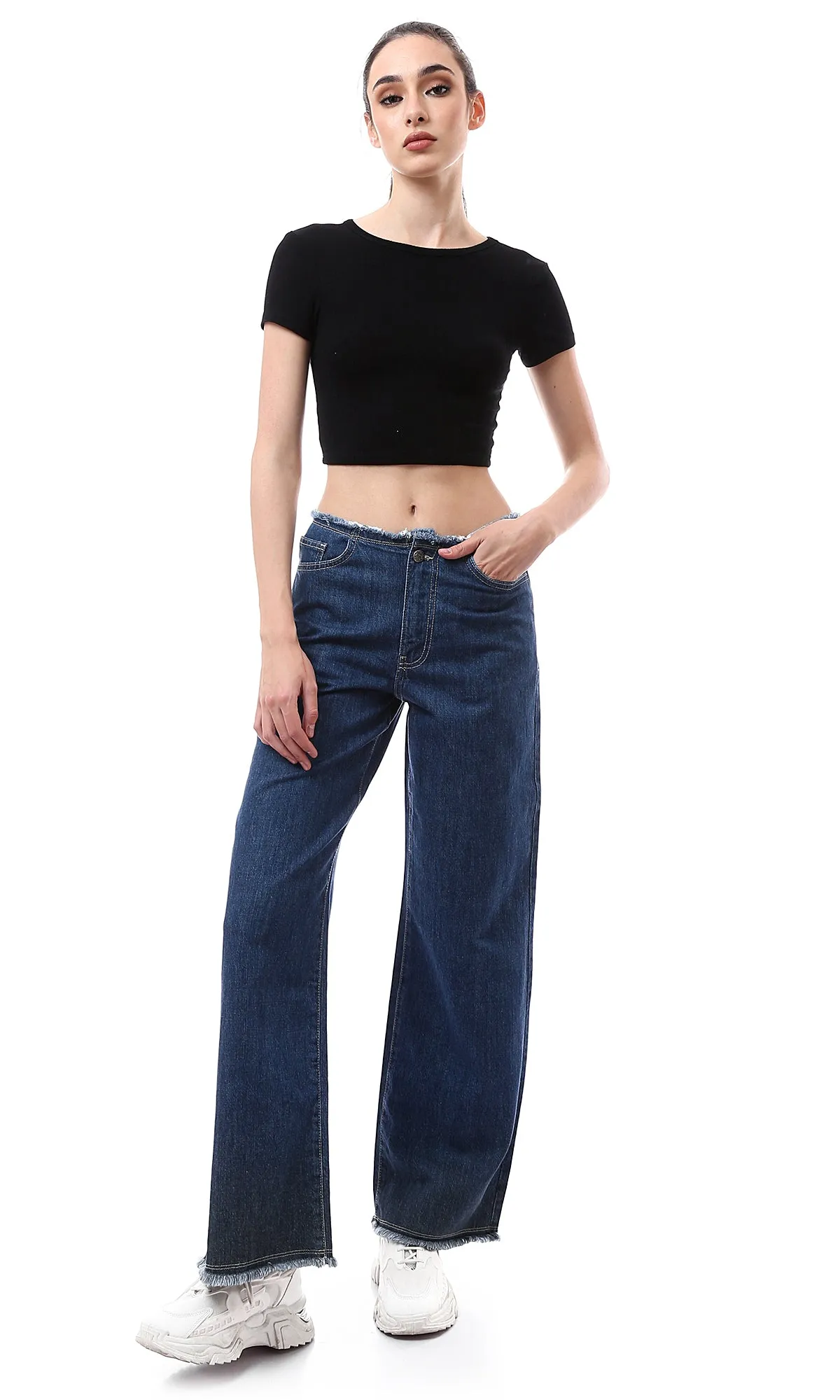 O174628 Dark Blue Solid Wide Leg Casual Jeans