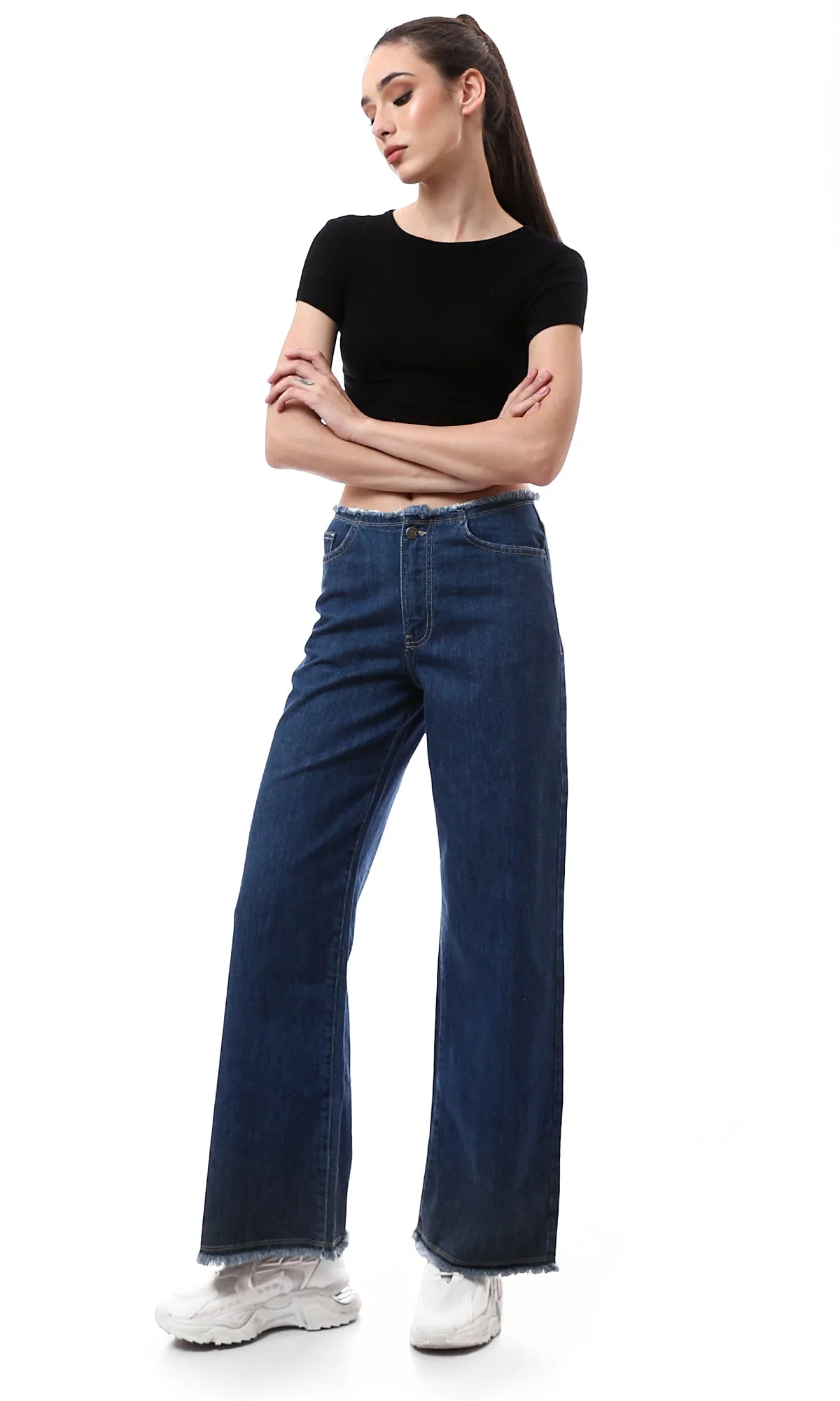 O174628 Dark Blue Solid Wide Leg Casual Jeans