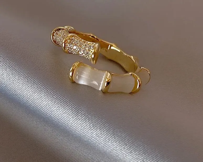 Opal Bamboo Shape Gold Color Adjustable Ring