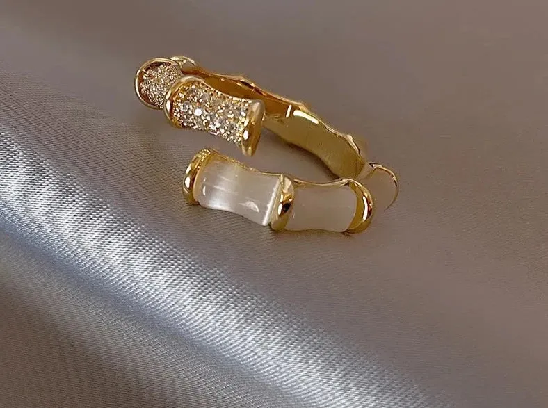 Opal Bamboo Shape Gold Color Adjustable Ring