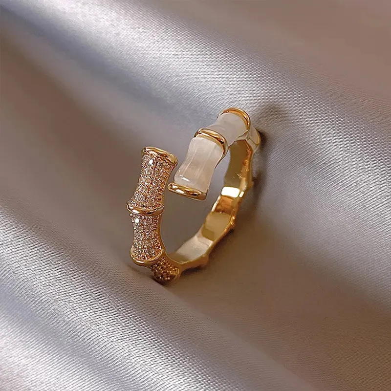 Opal Bamboo Shape Gold Color Adjustable Ring