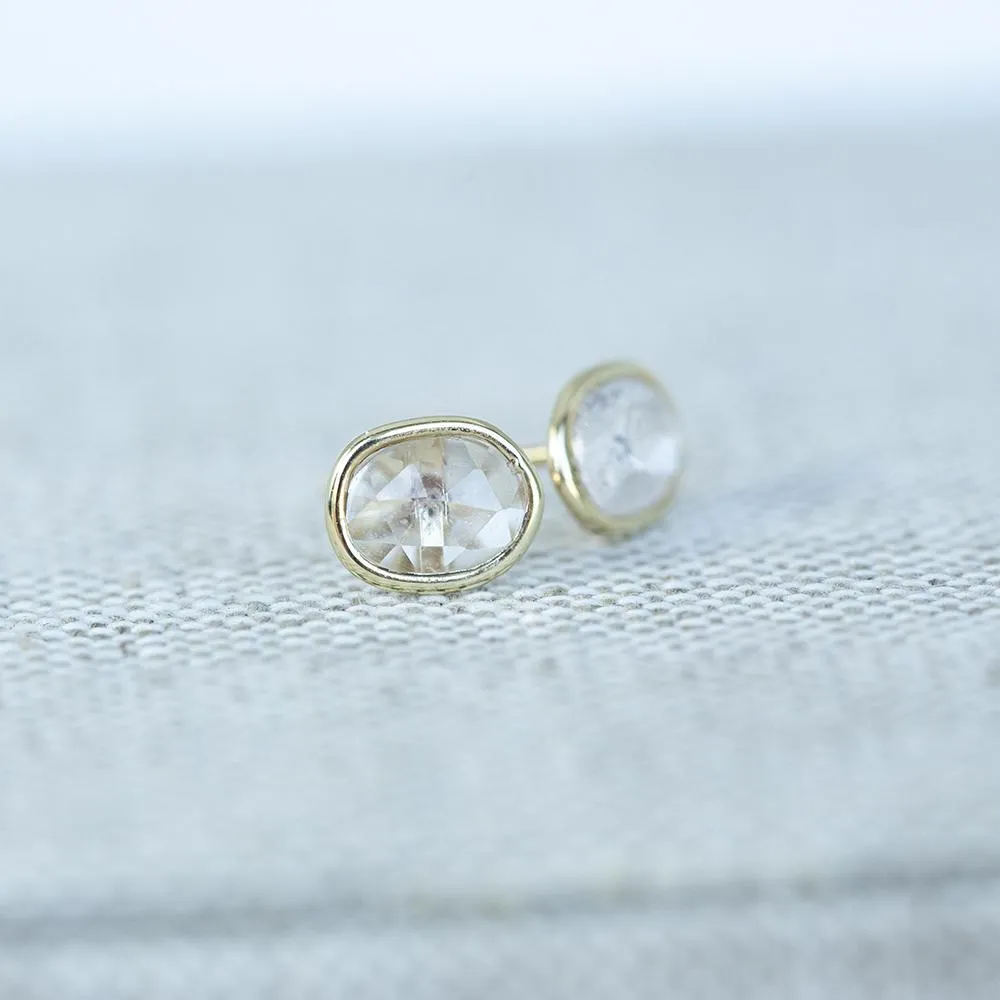 Oval Rose cut Sapphire Stud Earrings In Yellow Gold Bezel Set