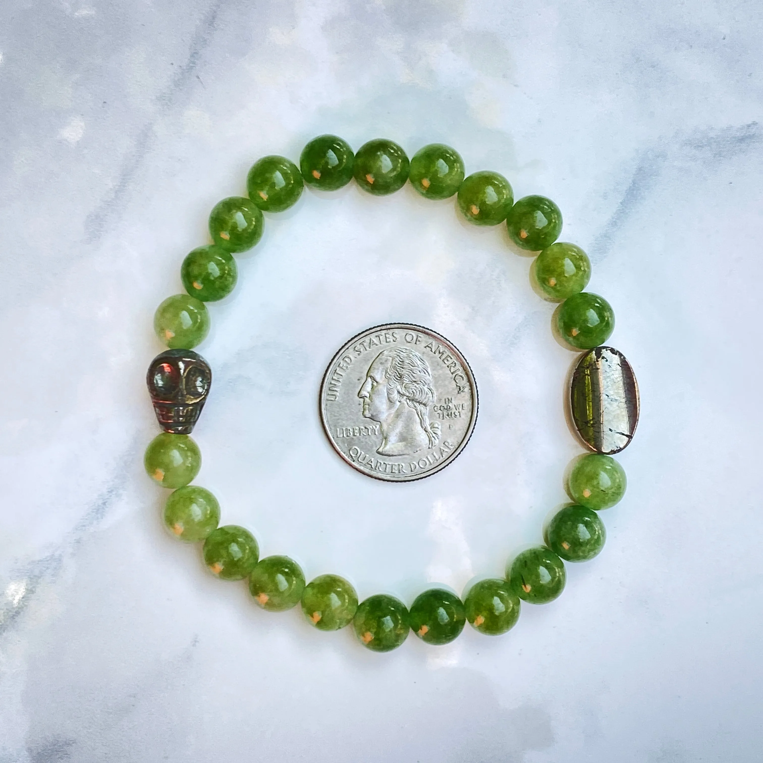 Peridot and Pyrite Skull Bracelet