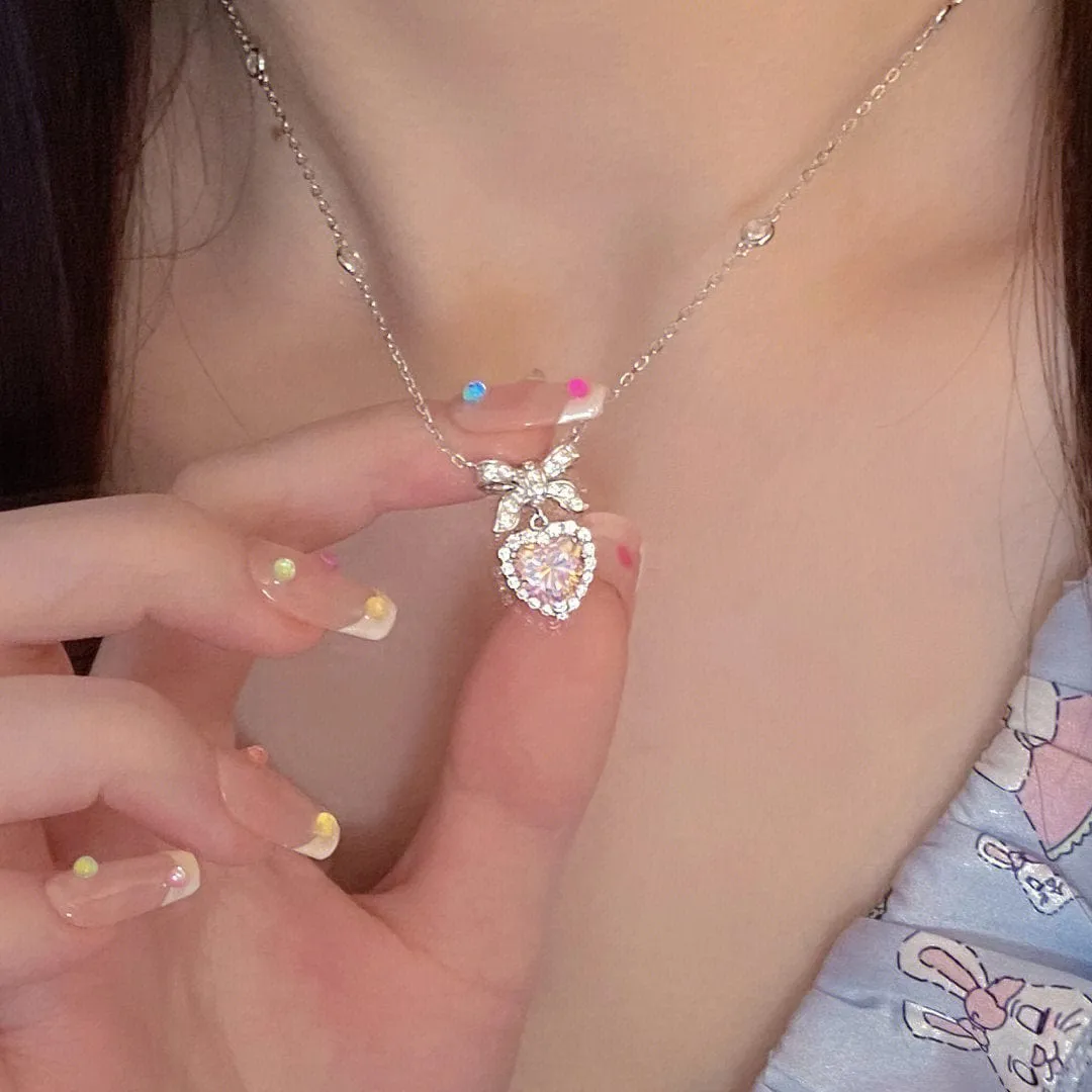 Pink Bowknot Heart Necklace W521