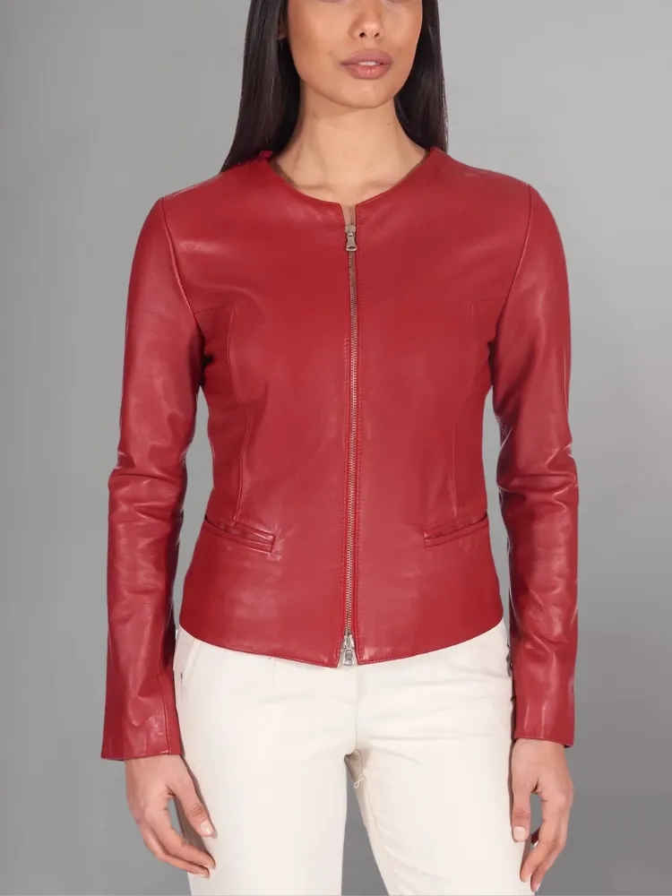 Pink powder natural leather jacket round collar smooth aspect