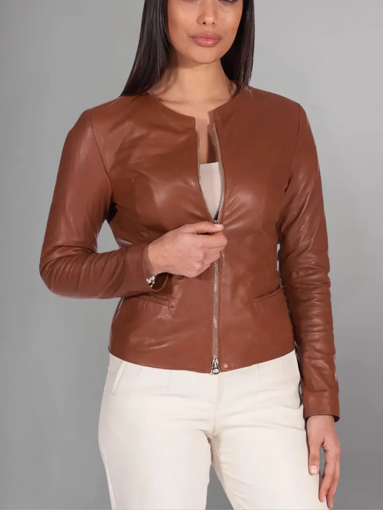 Pink powder natural leather jacket round collar smooth aspect