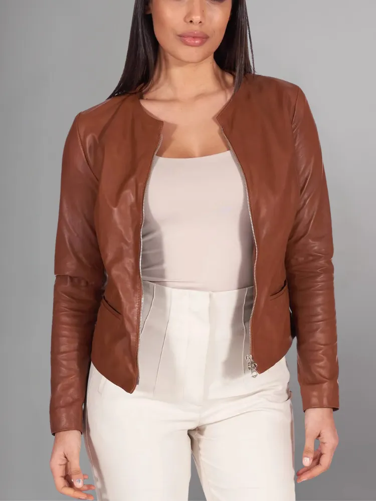 Pink powder natural leather jacket round collar smooth aspect