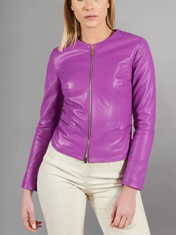 Pink powder natural leather jacket round collar smooth aspect