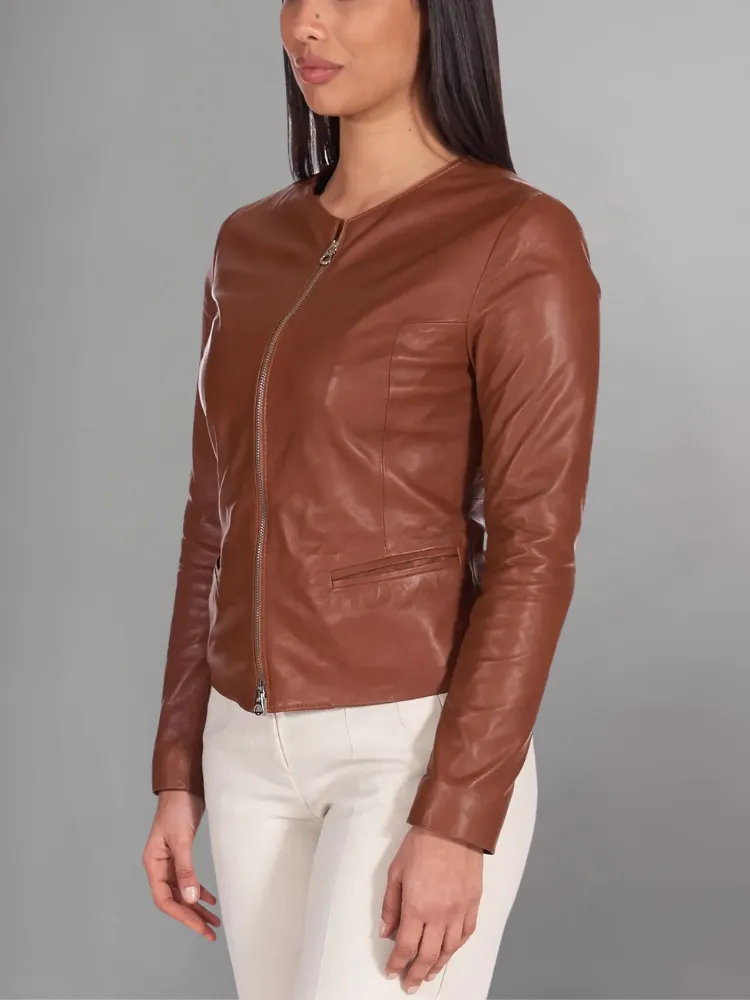 Pink powder natural leather jacket round collar smooth aspect