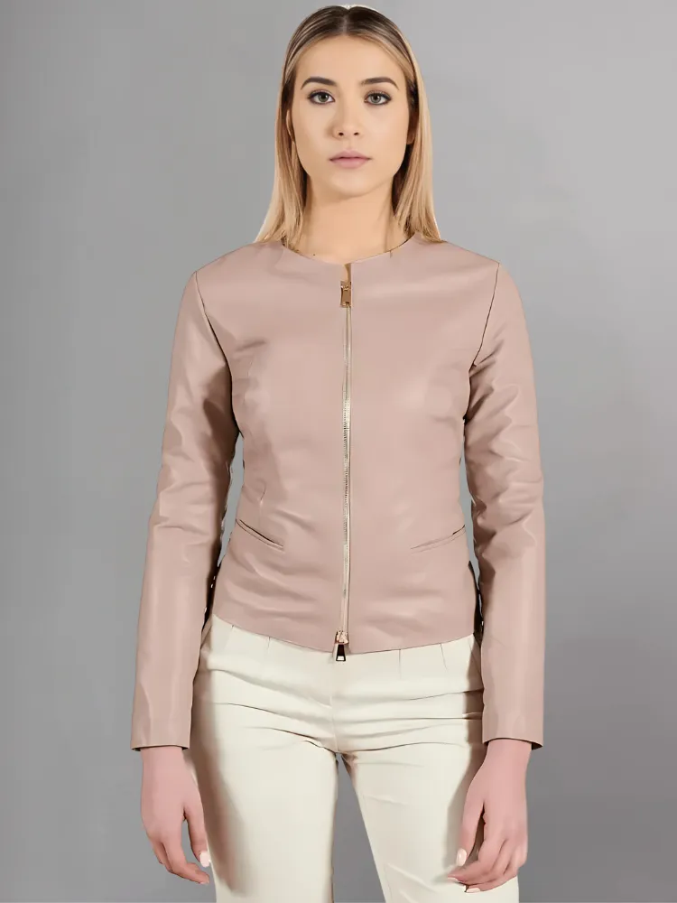 Pink powder natural leather jacket round collar smooth aspect