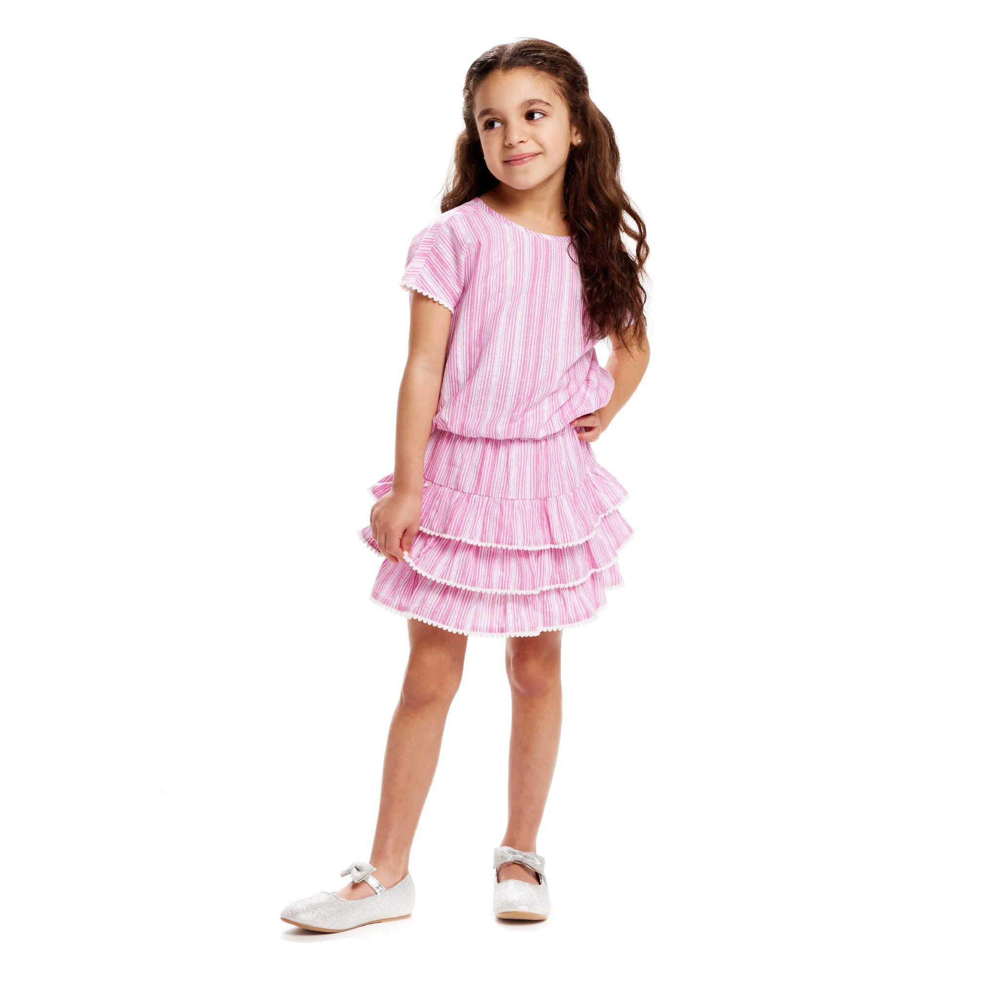 Pink Stripe Top & Tiered Ruffle Skirt Set