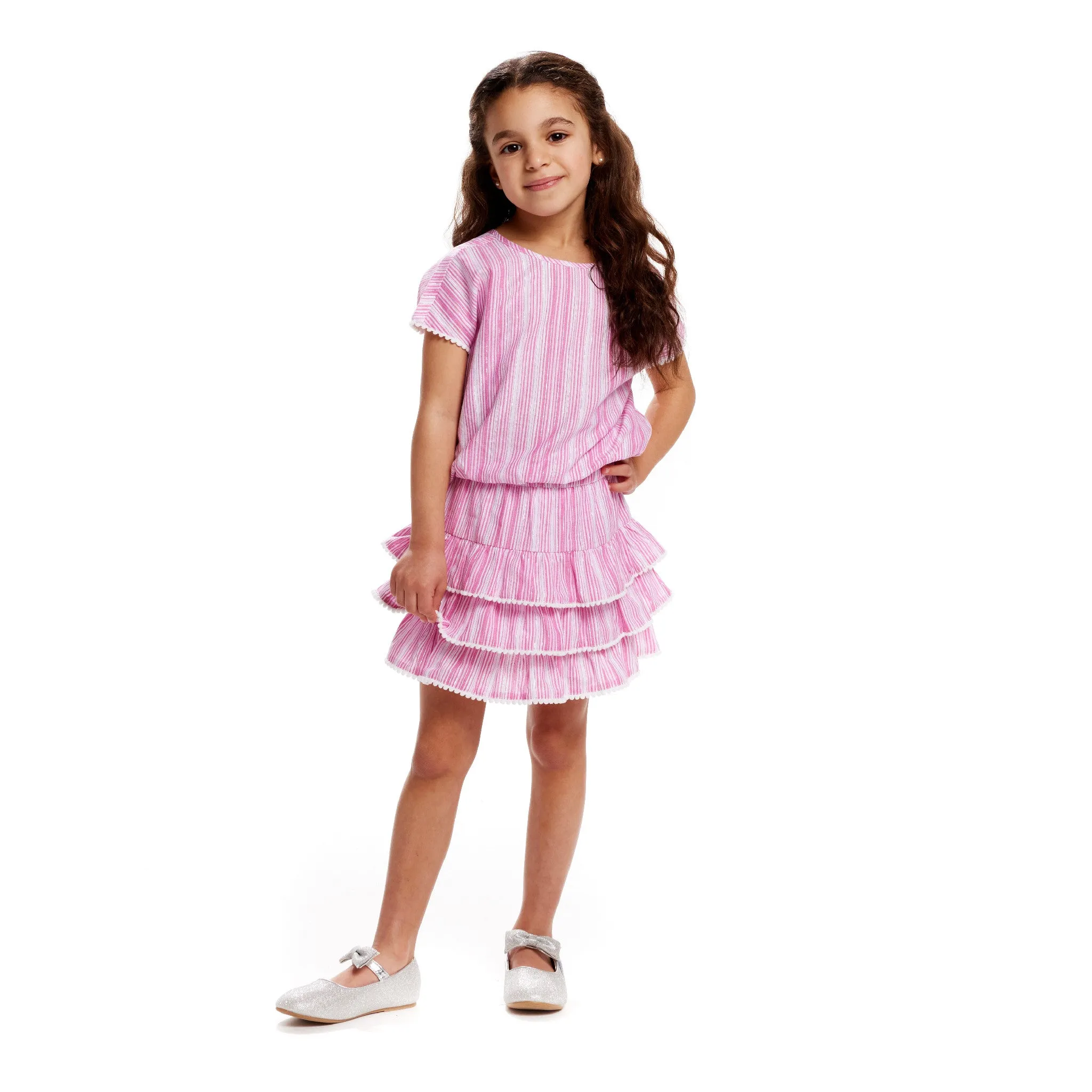 Pink Stripe Top & Tiered Ruffle Skirt Set