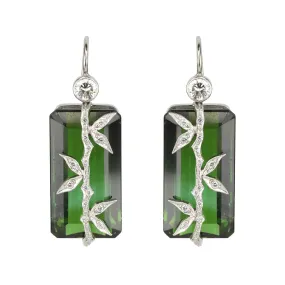 Platinum and Green Tourmaline Earrings with Diamond Bamboo Overlay