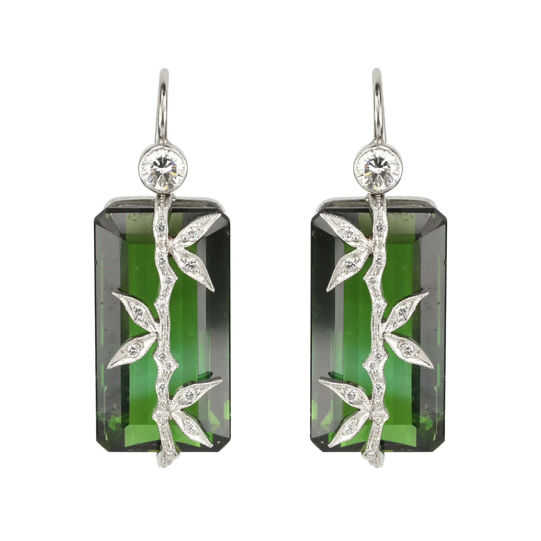 Platinum and Green Tourmaline Earrings with Diamond Bamboo Overlay