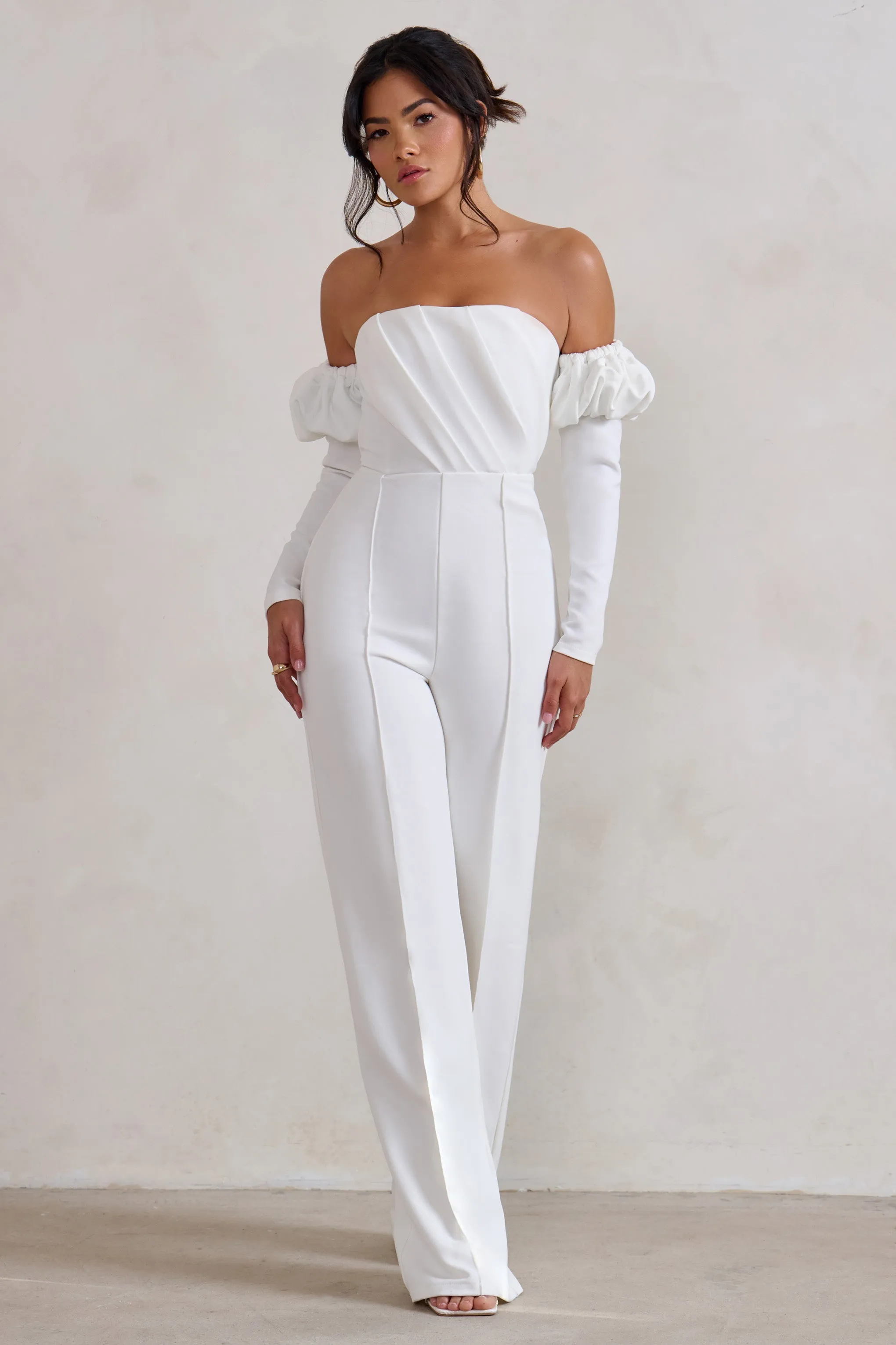 Reema | White Bardot Puff Long Sleeve Jumpsuit