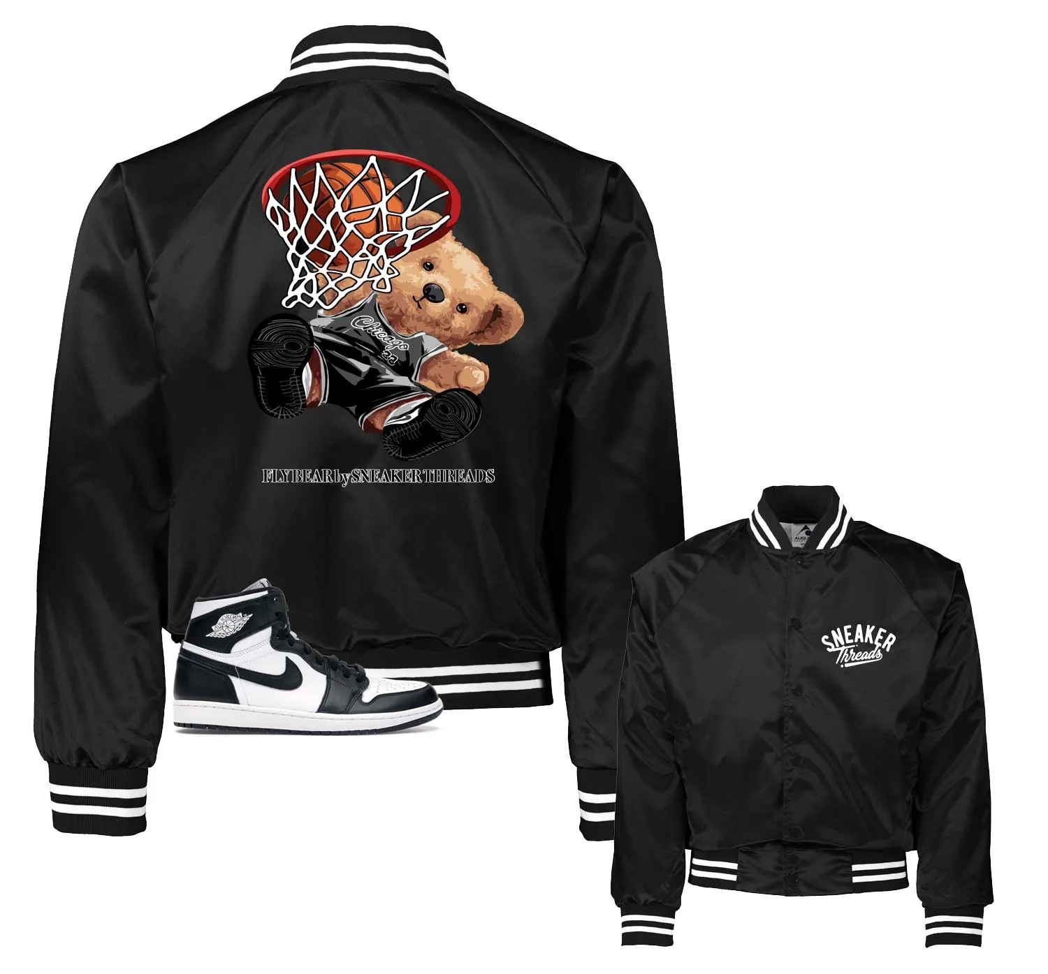 Retro 1 Black And White Jacket - Fly Bear - Black