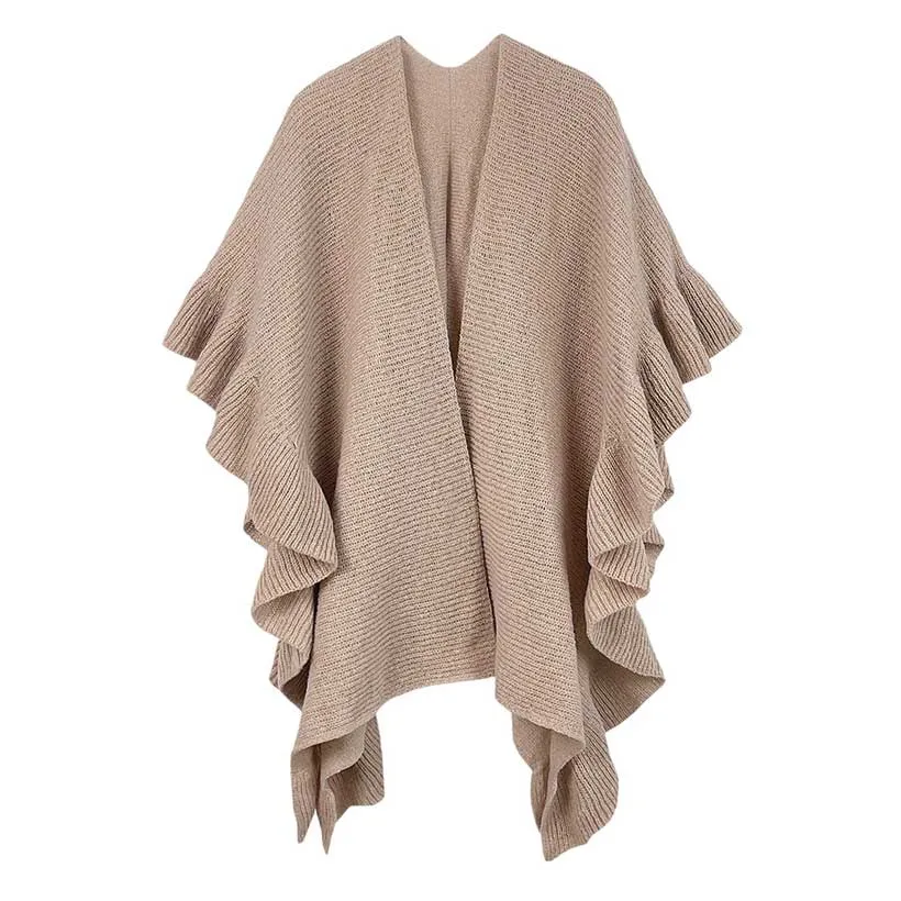 Reversible Ruffle Sleeves Knit Ruana Poncho