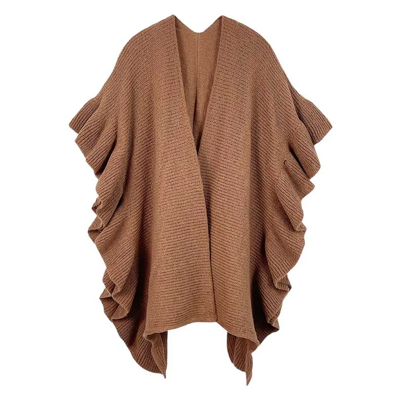 Reversible Ruffle Sleeves Knit Ruana Poncho